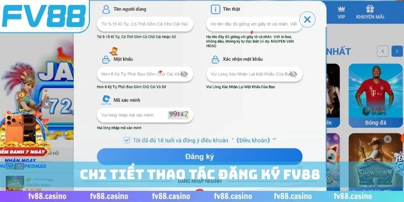 Chi tiết thao tác đăng ký FV88