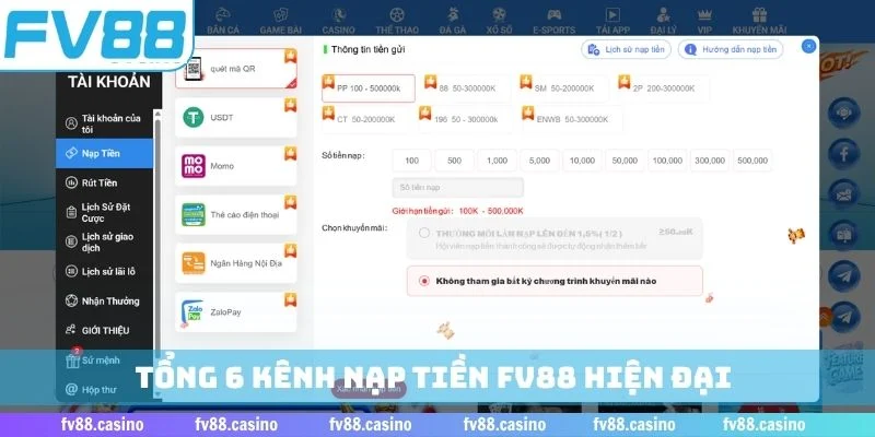 Tổng 6 kênh nạp tiền FV88 hiện đại